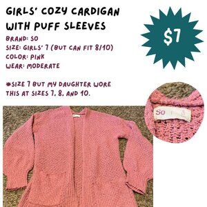 Girls' Pink Cardigan with Puff Sleeves, Size 7, SO
